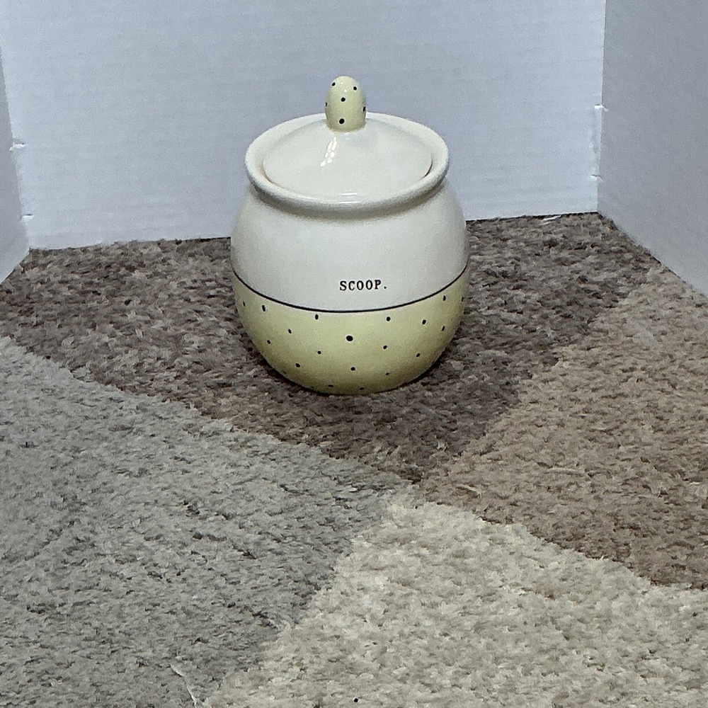 Rae Dunn SCOOP Polka Dot Ceramic Jar with Lid Yellow White Artisan Collection